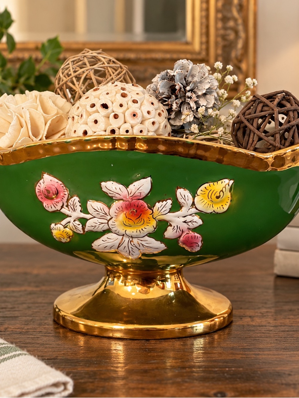 Vintage Green and Gold Floral Pedestal Bowl